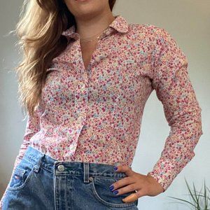 Saks Fifth Avenue Women's 10P Floral Print Cotton Button Down Shirt, Pink Floral